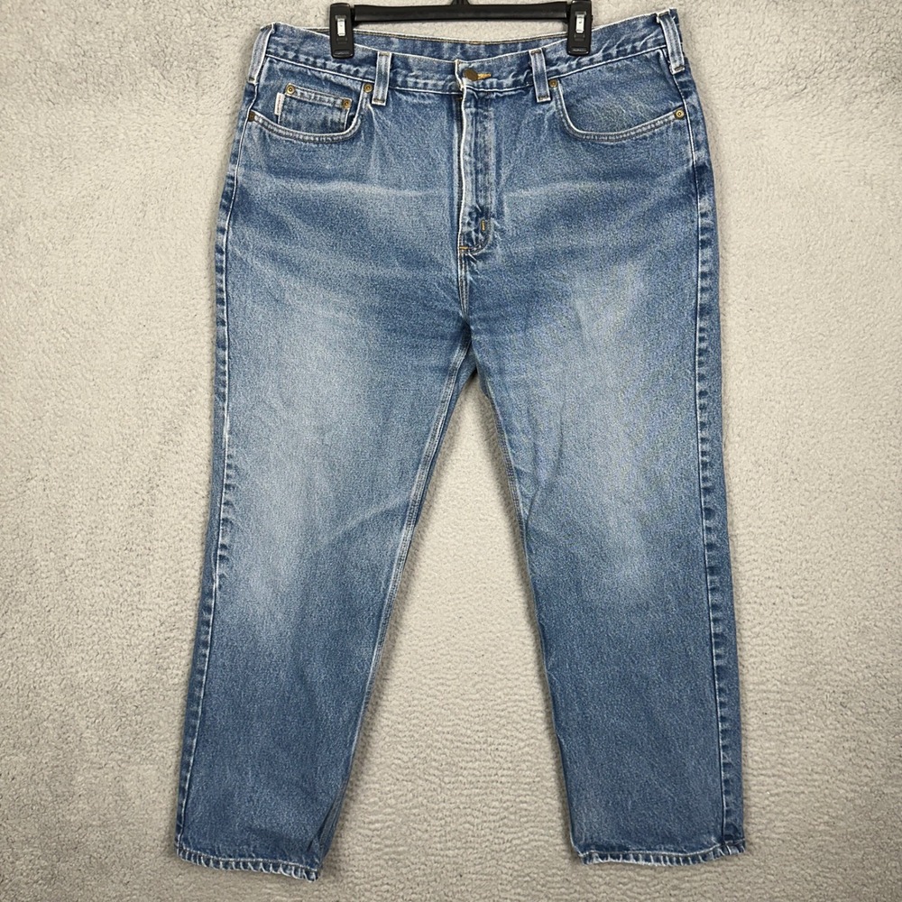 Carhartt Jeans Mens 40X30 Relaxed Fit Dark Vintage Blue Distresed Denim Logo EUC